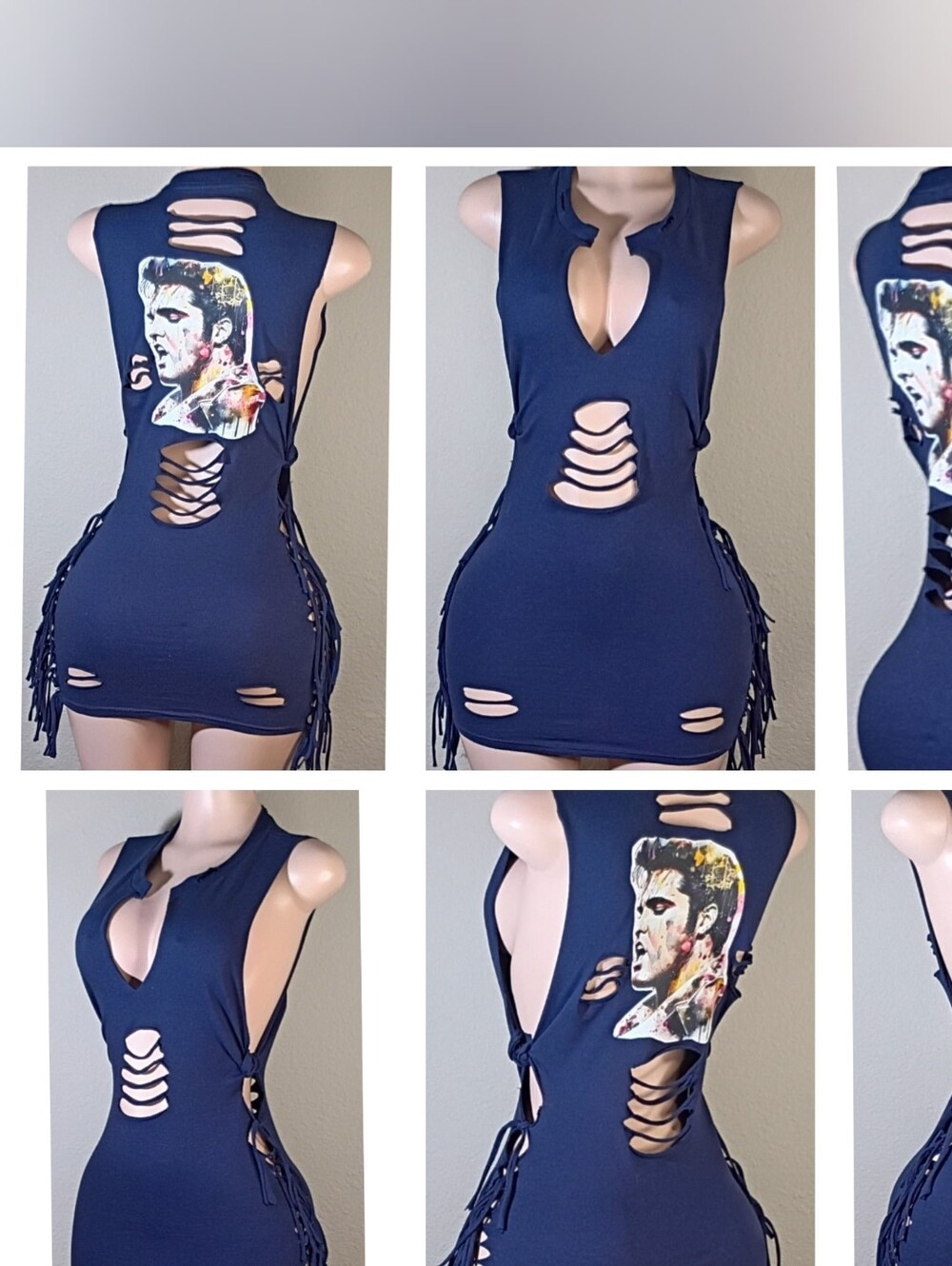 Navy Cuatom Elvis  Sleeveless Cutout Fringe Mini Dress with Graphic Back